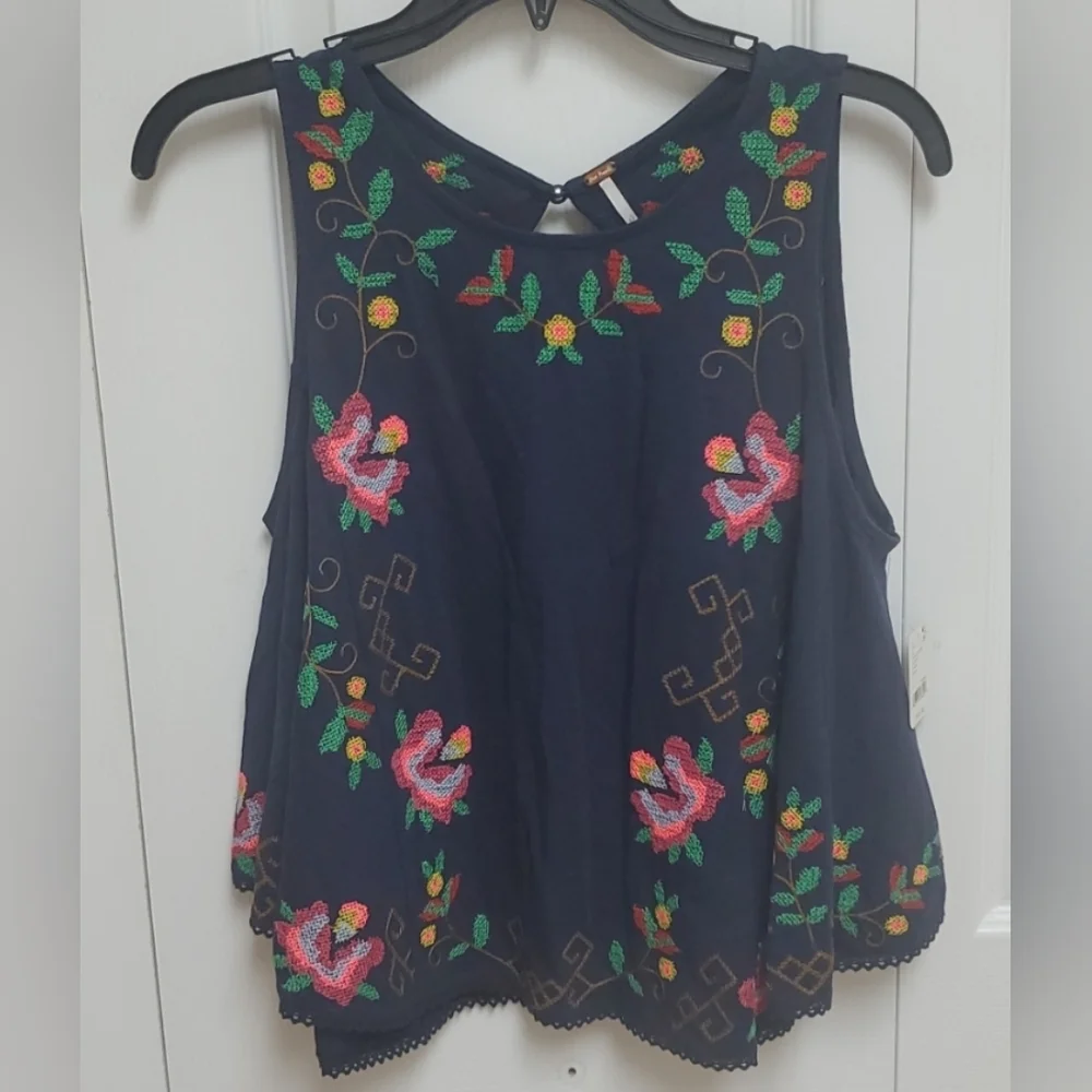 Free People Fun And Flirty Embroidered Top/Cobalt Blue Combo